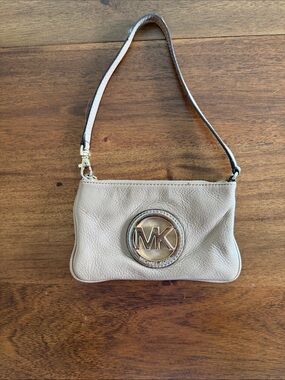 Michael Kors Taupe Pebbled Leather Wristlet with Gold MK Emblem